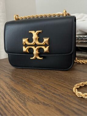 Tory Burch Black Leather Crossbody with Gold Logo & Chain